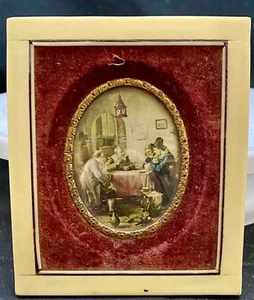 ANTICA MINIATURA STAMPA A VAPORE UOMO RITRATTO PARLANTE CORNICE OTTONE/AVORIO, c1900 - Foto 1 di 4