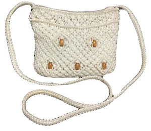 Bolso de Hombro de Colección Diamante Macramé Cuentas de Madera Pequeño Boho Crema Blanco - Imagen 1 de 22