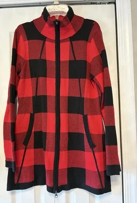 Adrienne Vittadini Cárdigan Suéter Chaqueta S Buffalo Cuadros Rojo Negro Cremallera Completa Foto 1 de 4