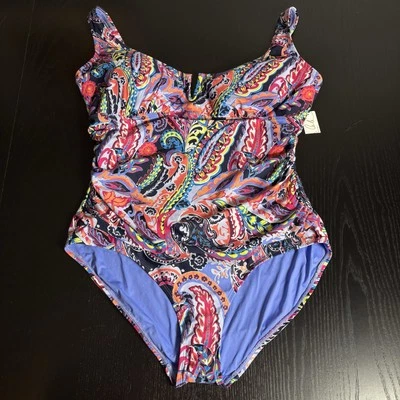 NWT ANNE COLE Womens Plus Size 18W One-Piece Swimsuit Paisley Parade V-Wire - Image 1 of 4