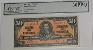 1937 Bank of Canada $50 Dollar KG VI SN# BH3489911 Legacy 30 PPQ Gordon/Towers - Picture 1 of 4