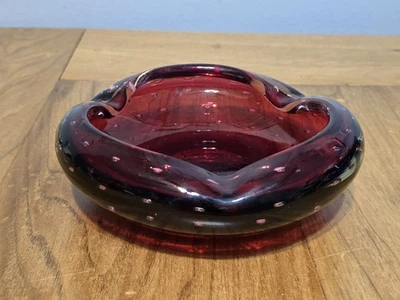 Vtg Murano Glass Ruby Red Bullicante Heavy Ashtray Italy - Image 1 of 4