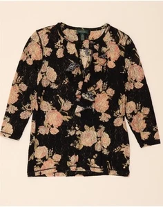 RALPH LAUREN Womens Ruffle Front Top 3/4 Sleeve UK 14 Medium Black Floral JL16 - Picture 1 of 3