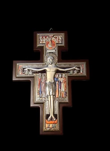 crocifisso san damiano in legno con placca argento bilaminato colorata assisi - Foto 1 di 5