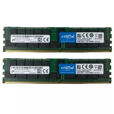 Crucial 64G (2X32GB) DDR4 2133MHz ECC Registered RDIMM Memory Ram CT32G4RFD4213 - Image 1 of 4