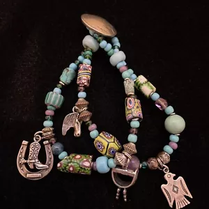 STERLING Western CHARM & Beads Turquoise BRACELET Murano Art Glass Beads 7” - Picture 1 of 11