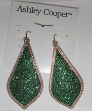 NWT Ashley Cooper Goldtone Green Glitter Dangle Earrings Retail $10