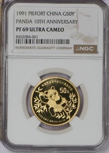 1991 Gold Panda Piefort 1 oz. 50 Yuan 10th Anniversary NGC PF69 Ultra Cameo - Picture 1 of 2