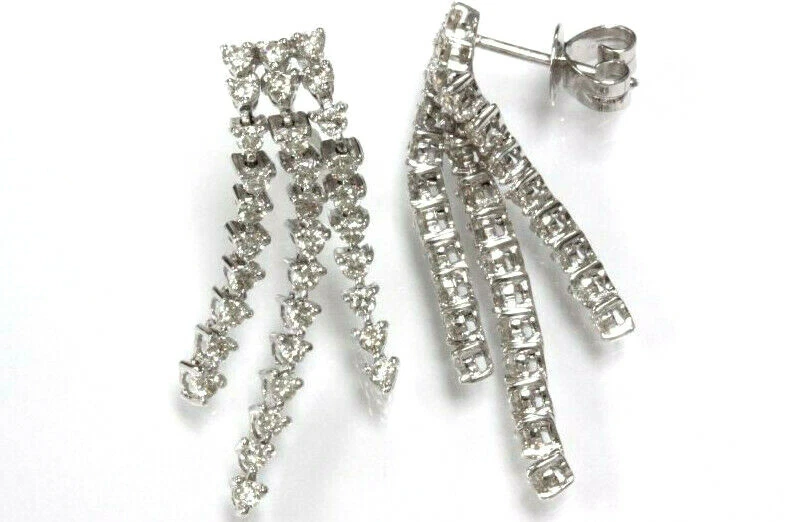 1.35 ctw Natural Diamond 14k White Gold 3 Strand Long Dangle Waterfall Earrings - Image 1 of 1