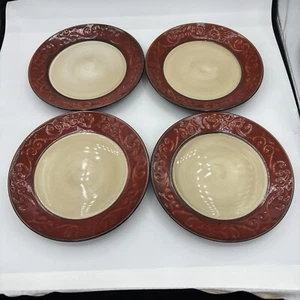 Pier 1 Imports Salad Plates 8.25" Stoneware Red Scroll Embossed Lot Set of 4 D - Picture 1 of 11