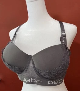 Lace Push Up Bra Size 38DD Bebe Padded Adjustable Convertible Straps Grey   Lace - Picture 1 of 6