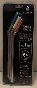 MANNA 6 Pieces Stainless Steel Reusable Bent Straws & Silicone Tips. 8.25” NEW - Picture 1 of 4