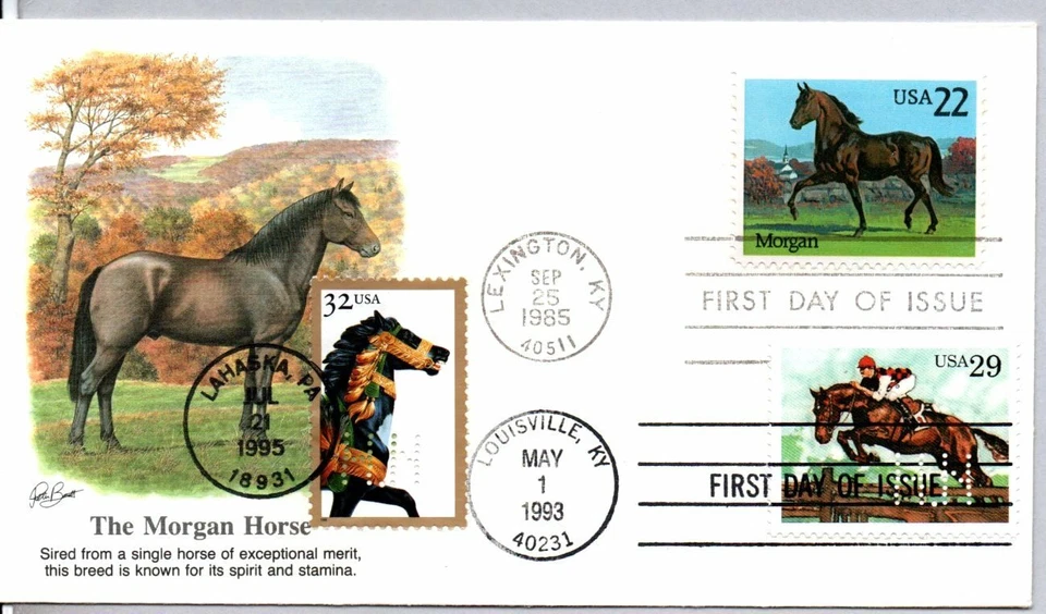#2156 MORGAN HORSE #2977 CAROSUEL HORSE, #2756 STEEPLECHASE COMBO FDC NAKANO - Image 1 of 1
