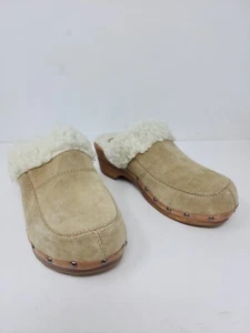 NOMI Womens 6 Tan Beige Suede Leather Clogs Shoes Wooden Heels Faux Fur Lining  - Picture 1 of 14
