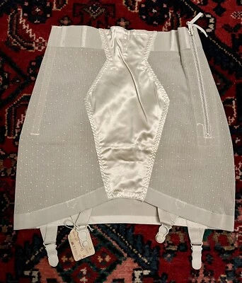 Vintage 1940’s White Satin Panel Open Bottom Girdle 4 Garter Clips NEW Old Stock - Image 1 of 4