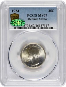 1934 Washington Silver Quarter Medium Motto MS67 PCGS (CAC) - Picture 1 of 4