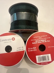 Ribbon Green Plaid Holiday Wired Spool Christmas 20 feet 2 1/2" wide Set Of 3 - Picture 1 of 2