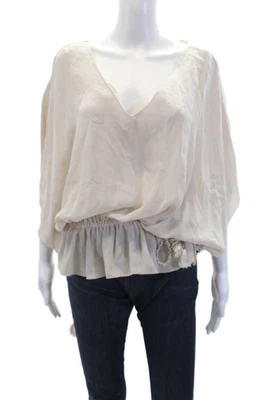Chelsea Flower Womens Silk V-Neck Short Sleeve Pullover Blouse Top Beige Size XS - Image 1 of 4