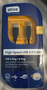 Ativa High-Speed USB 2.0 A Plug To B Plug A/B Cable 6ft Long New - Picture 1 of 6