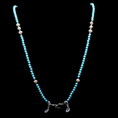 925 Silver White Baroque Pearl & Blue Larimar Face Mask Necklace Holder 23in - Image 1 of 4
