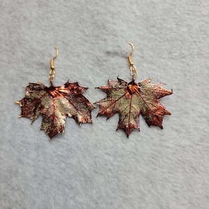 Bronze Tone Leaf Earrings Natures Jewelry Maple Dangle Fish Hook Style Unique - Picture 1 of 8