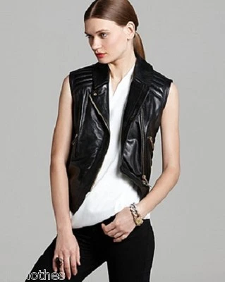 VINCE CAMUTO $198 NUEVO Sexy Negro Imitación Cuero Motociclista Cremallera Chaleco Chaqueta M QCO Foto 1 de 4