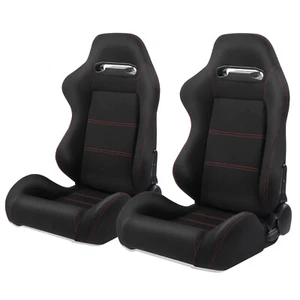 2X Black Reclinable Racing Seats Cloth Red Stitch Left+Right Slider Brackets - Picture 1 of 6