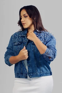 New Women Blue Pearls Embellished Stretch Denim Jacket. Plus Sizes, UK10 -26 - Picture 1 of 4