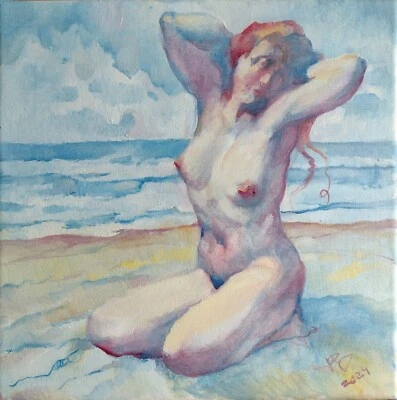 Warm summer day nude female Original oil painting On Canvas Unframed 36x36cm - Image 1 of 4
