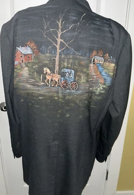 Hand Painted Suit Jacket Upcycle Folk Art Country Scene Farmhouse Horse Buggy - Image 1 of 4