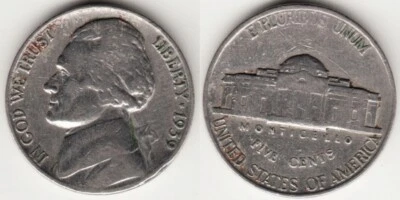 USA Coin Jefferson FIVE CENTS 1939 VF ERROR: No Mint Mark + Faded Letters on Rev - Image 1 of 3