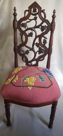Antique Victorian Carved "Grape Vine" Chair with Vineyard  Needlepoint Seat 34" Cover