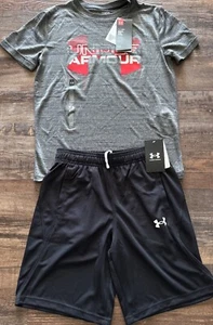 NWT Under Armour Boys YMD Black/Gray/Red/White BIG Logo Shorts Set Medium - Picture 1 of 5