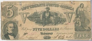 1861 $ 5 fünf Dollar Konföderierte Staaten von Amerika Note Währung T-37 - SR963 - Bild 1 von 2