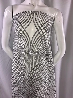 Silver Venom Diamond Web Embroider With Sequins On A White Mesh-Sold By The Yard - Image 1 of 4
