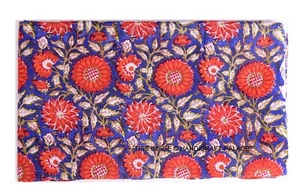 3 Yard Indian hand block print 100% Cotton Blue Sun Flower Jaipuri Anokhi Fabric - Picture 1 of 3
