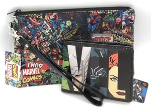 Marvel Brick Avengers Faces Black Multi Color Bifold Wallet and Pencil Case NEW - Picture 1 of 3