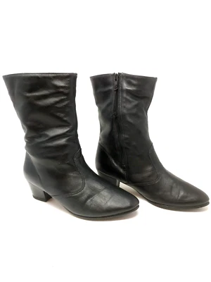 (Sz. 9) CLEANED & CONDITIONED! Vintage Sherpa Lined Leather Boots BLACK Side Zip - Image 1 of 4