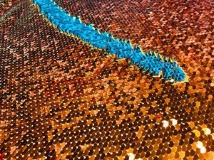BRONZE BLUE Reversible 5mm Sequin Fabric Flip 2 Tone Satin Material 130cm wide - Picture 1 of 6