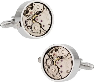 Working Watch Movement Steampunk Cufflinks with Glass Cover - Silver Clock Skele - Image 1 of 4