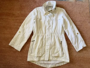 Weiße Utility Anorak Jacke Damen M leichte Kapuze gold Reißverschluss Druckknopftaschen - Bild 1 von 9