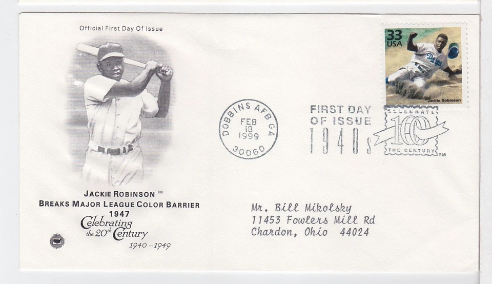 TurtlesTradingPost- Century 1940s Jackie Robinson Baseball 1999 FDC #3186c PCS - Image 1 of 1
