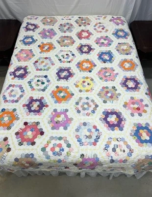 #247 Vintage Handmade Grandmother's Flower Garden Quilt  76" x 86" USA 1940's - Image 1 of 4