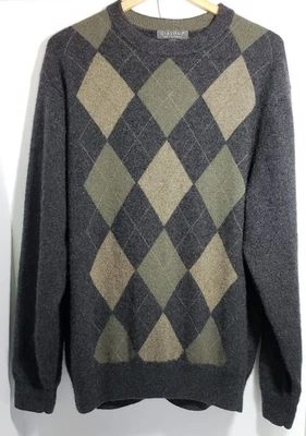 Giasone Pullover Sweater Gray Green Diamond Design 100% Cashmere Crew Neck Sz XL - Image 1 of 4