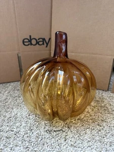 Vintage mundgeblasene Kunst Glas Herbst Bernstein Kürbis Kerze Windlicht Laterne 6" - Bild 1 von 8