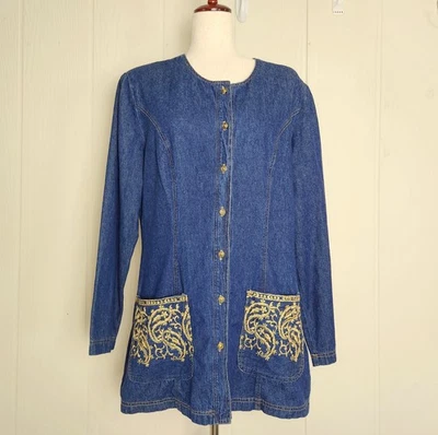 Vtg Nina Piccalino Denim Embroidered Jacket Womens 16 Blue Gold TieBack USA Made - Image 1 of 4