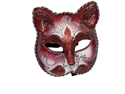 Vintage Red & Silver Venetian Cat Masquerade Carnival Mardi Gras Face Mask - Image 1 of 4
