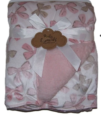 Girls Baby Essentials Very Soft White Pink Gray Bow Sherpa Baby Blanket - Image 1 of 2
