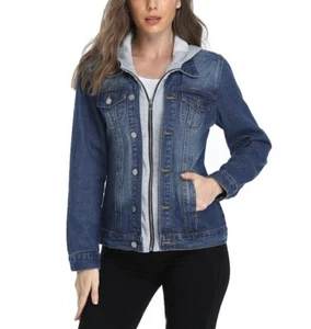 Women s Hooded Denim Jacket Fashion Long Sleeve jeans jacket, SIZE S Dark Blue - Picture 1 of 5