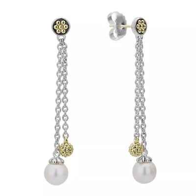 Aretes colgantes LAGOS Luna de perlas y oro amarillo de 18 quilates con cadena de bolas en plata de ley Foto 1 de 4